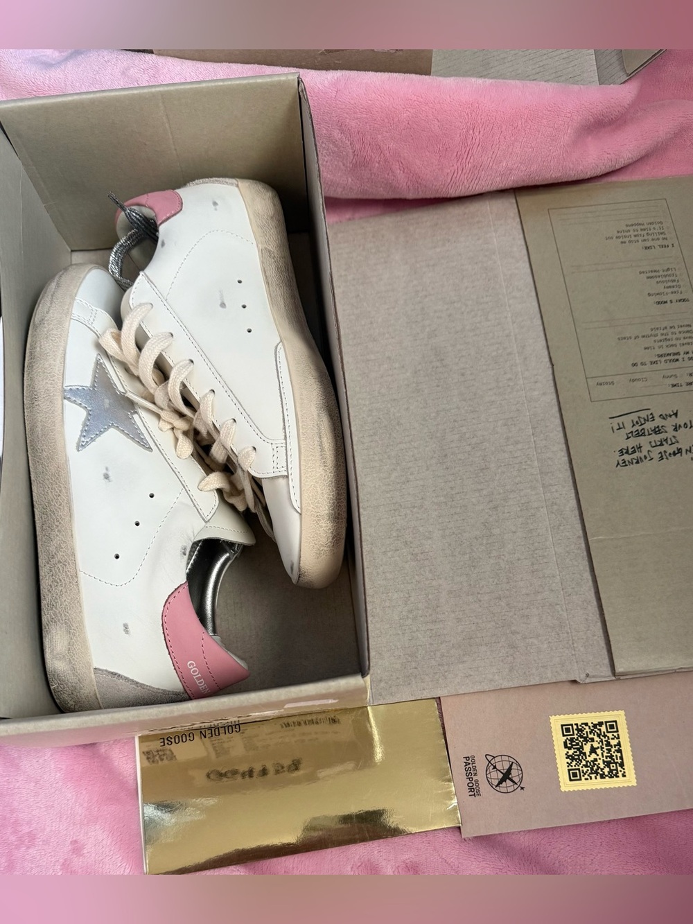 Golden Goose White Leather Sneakers with Pink Heel and Silver Star Accent - Picture 4 of 6
